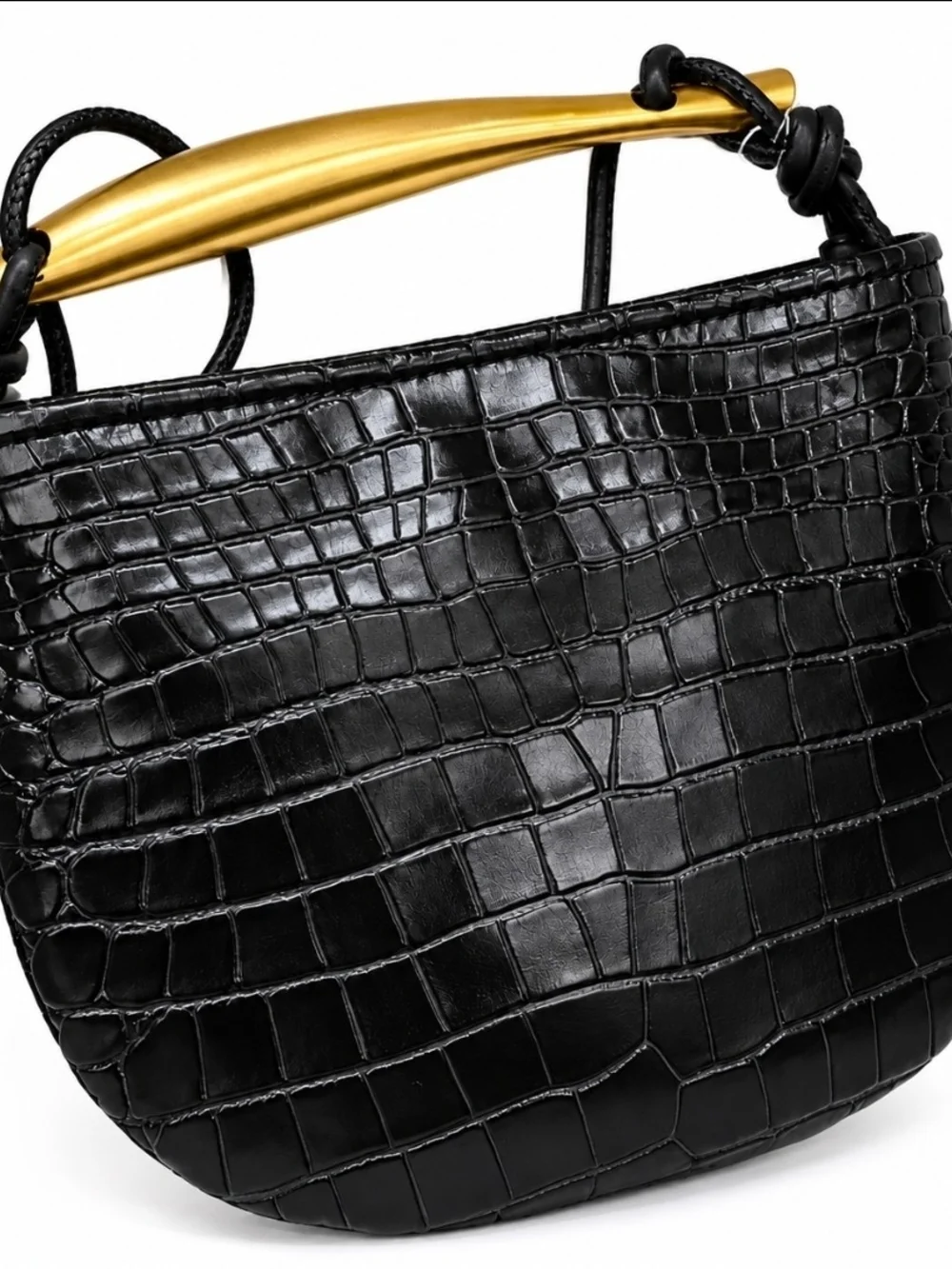 Black Croc-Textured Shoulder Bag with Gold Sardine Handle